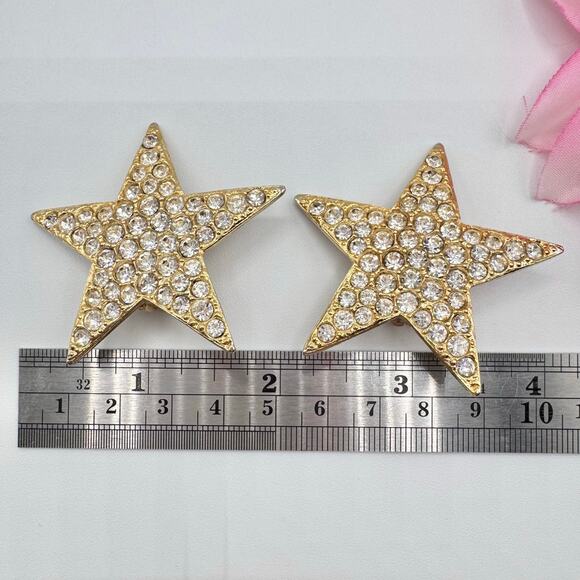 Vintage Tara Rhinestone Star Clip On Earrings Pave Huge Gold Tone Runway Signed - Picture 14 of 16